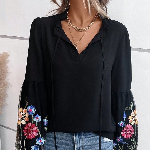 Black Preppy Womens Floral Slleeve Print Lantern Sleeve Tie Neck Blouse - Picture 5 of 6